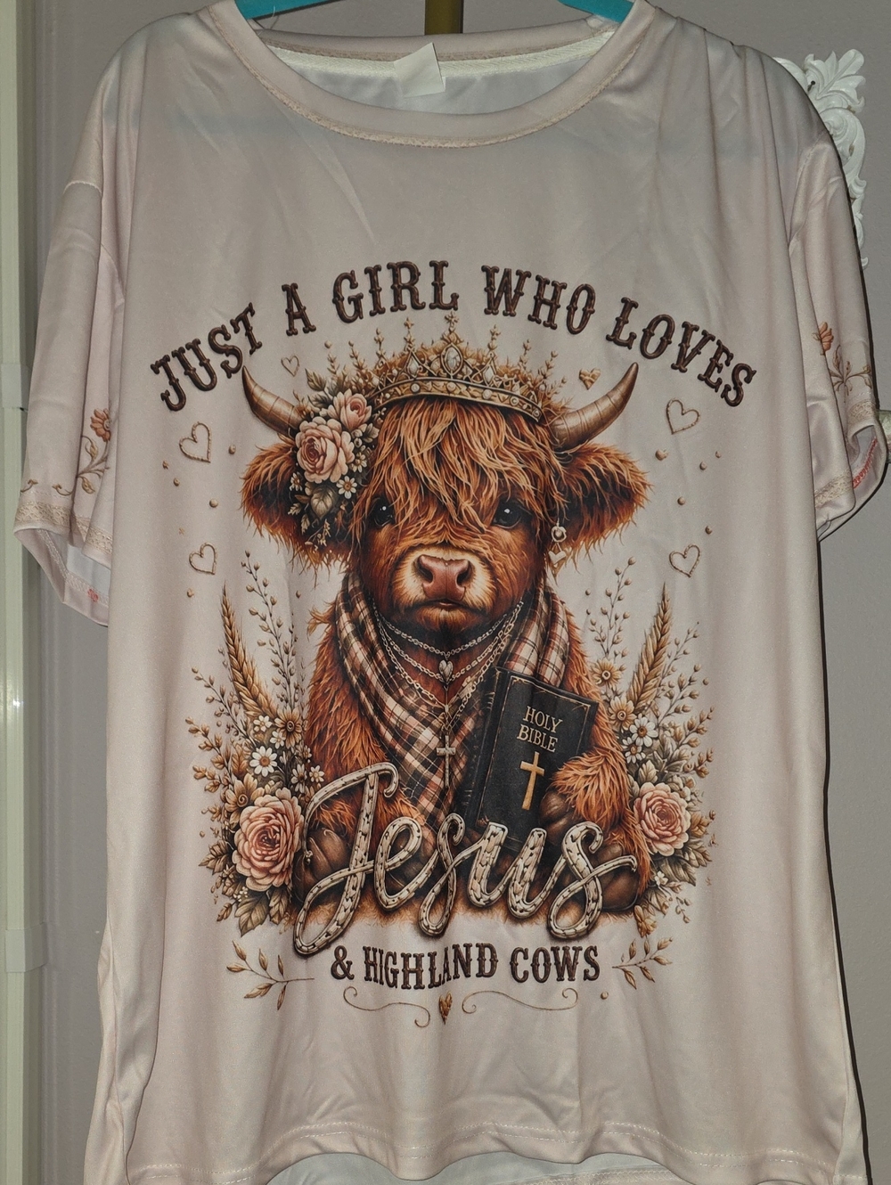Womens' Jesus & Highland Cows Christian Graphic Top Short Sleeve T Shirt